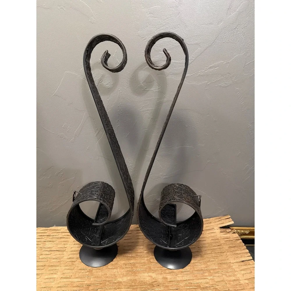 Vintage Bronze Embossed Metal Wall Sconce Pair Scroll Pattern Candle Holders 20
